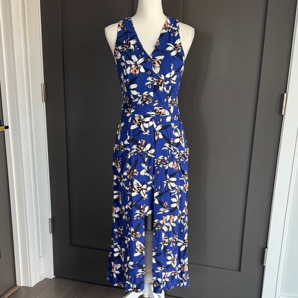 NWT Maria Filo Floral Blue Asymmetrical Dress Sz S 100%Viscose